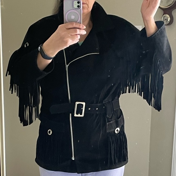 Jackets & Blazers - Vintage Black Suede Fringe Coat with Belt